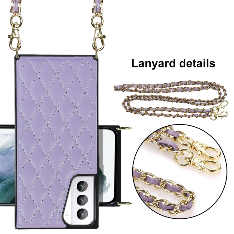 For Samsung Galaxy S21+ 5G Elegant Rhombic Pattern Microfiber Leather +TPU Shockproof Case with Crossbody Strap Chain
