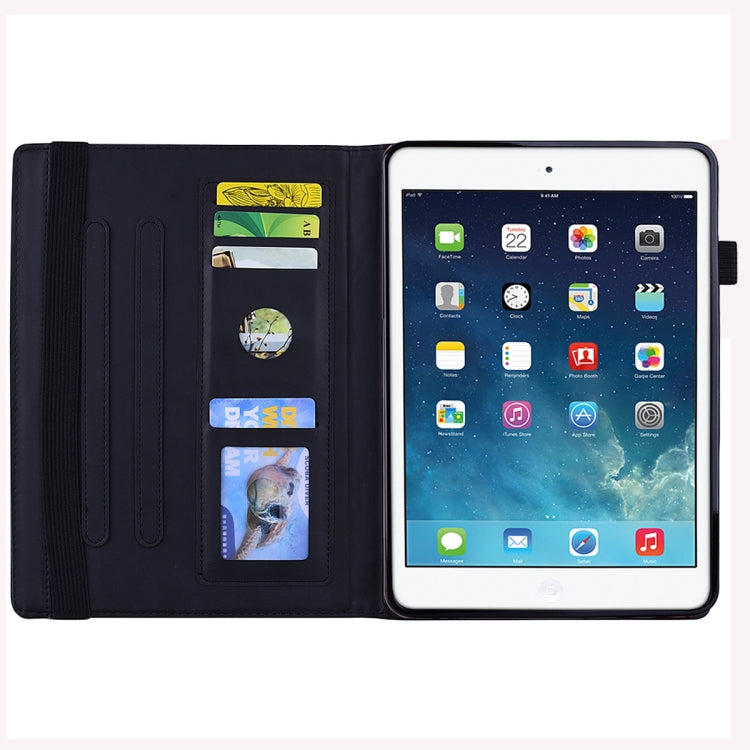 For iPad 10.2 2021 / 2020 / 2019 Calf Pattern Double Folding Design Embossed Leather Case with Holder & Card Slots & Pen Slot & Elastic Band