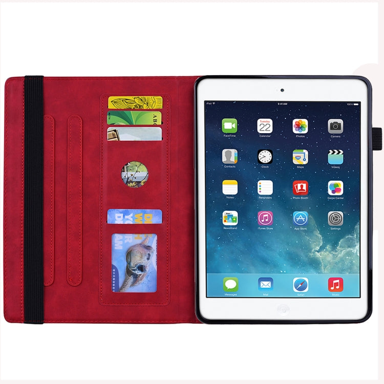 For iPad 10.2 2021 / 2020 / 2019 Calf Pattern Double Folding Design Embossed Leather Case with Holder & Card Slots & Pen Slot & Elastic Band
