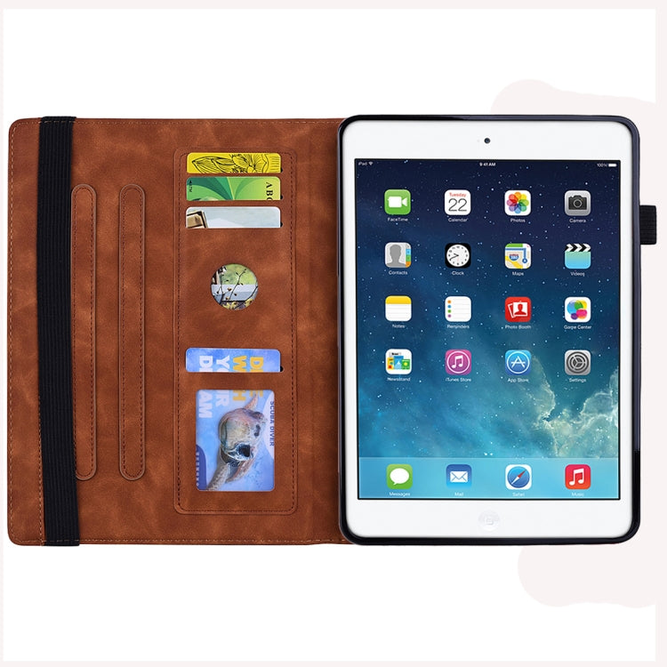 For iPad 10.2 2021 / 2020 / 2019 Calf Pattern Double Folding Design Embossed Leather Case with Holder & Card Slots & Pen Slot & Elastic Band