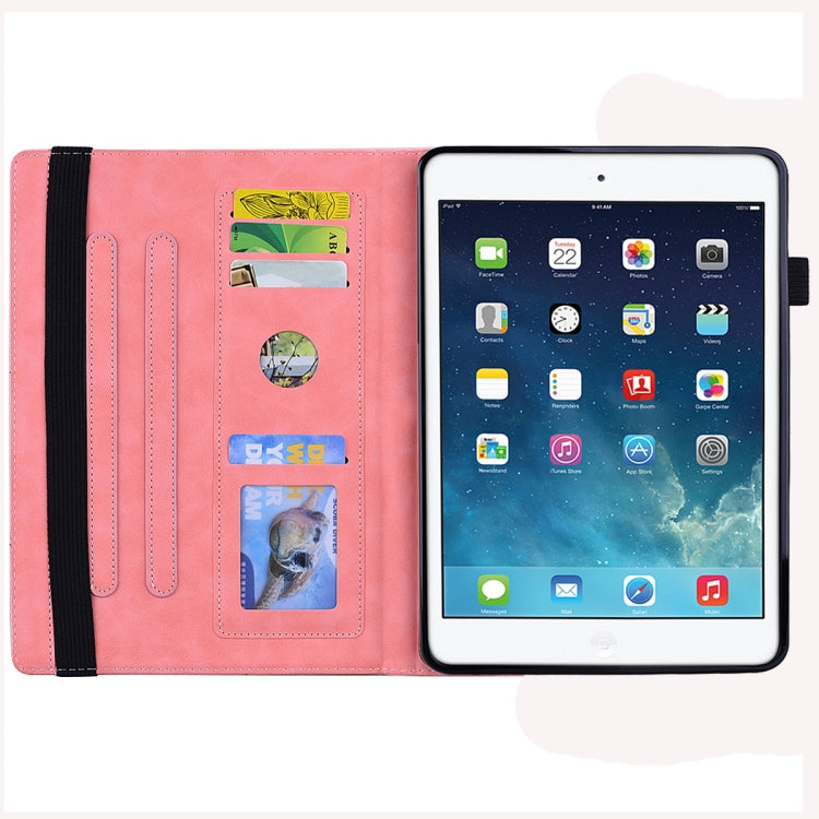 For iPad 10.2 2021 / 2020 / 2019 Calf Pattern Double Folding Design Embossed Leather Case with Holder & Card Slots & Pen Slot & Elastic Band
