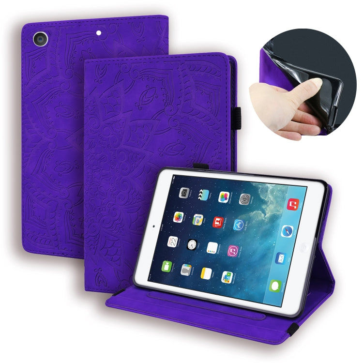 For iPad 10.2 2021 / 2020 / 2019 Calf Pattern Double Folding Design Embossed Leather Case with Holder & Card Slots & Pen Slot & Elastic Band