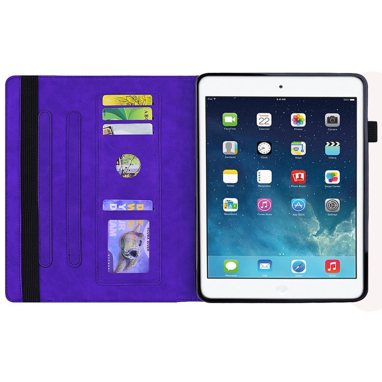 For iPad 10.2 2021 / 2020 / 2019 Calf Pattern Double Folding Design Embossed Leather Case with Holder & Card Slots & Pen Slot & Elastic Band