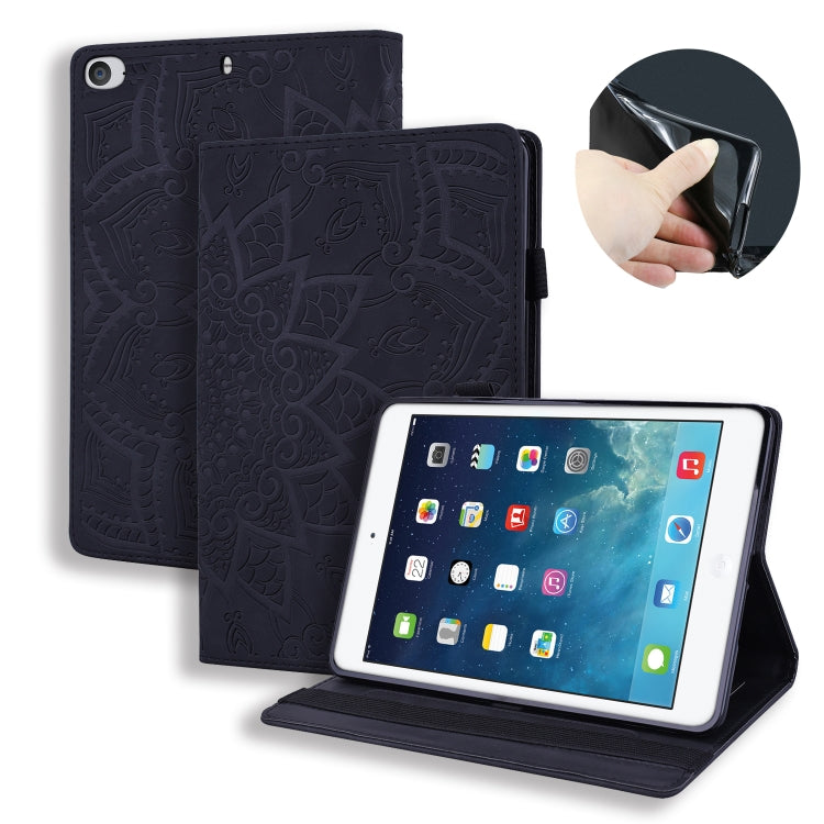 For iPad Mini 2019 & 4 & 3 & 2 Calf Pattern Double Folding Design Embossed Leather Case with Holder & Card Slots & Pen Slot & Elastic Band