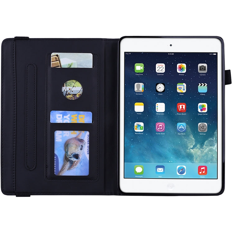 For iPad Mini 2019 & 4 & 3 & 2 Calf Pattern Double Folding Design Embossed Leather Case with Holder & Card Slots & Pen Slot & Elastic Band