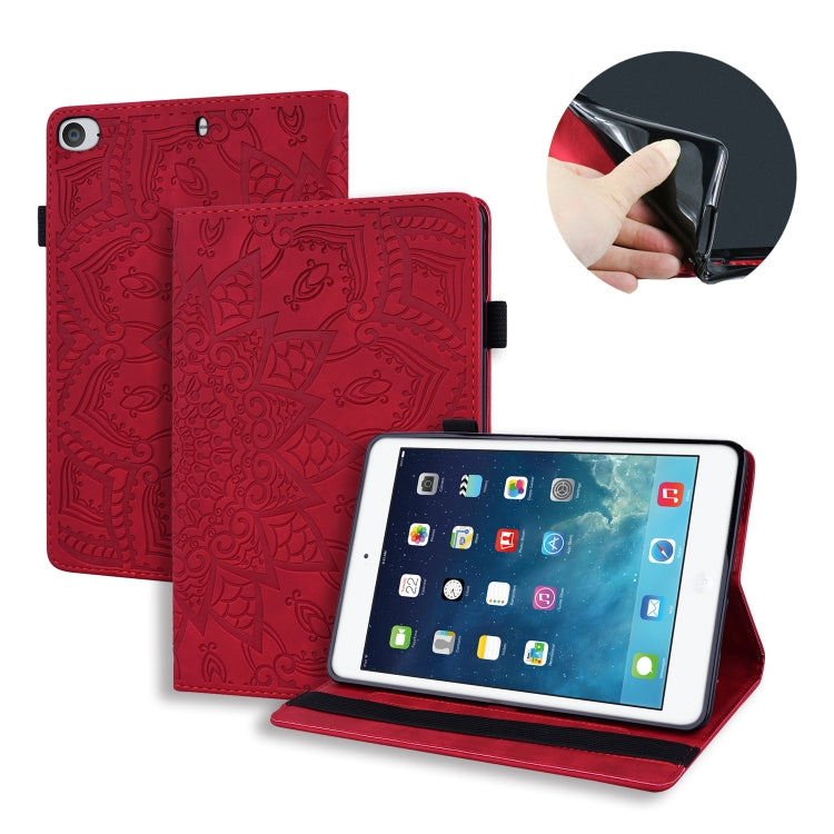 For iPad Mini 2019 & 4 & 3 & 2 Calf Pattern Double Folding Design Embossed Leather Case with Holder & Card Slots & Pen Slot & Elastic Band