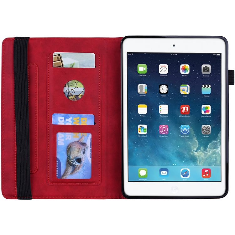 For iPad Mini 2019 & 4 & 3 & 2 Calf Pattern Double Folding Design Embossed Leather Case with Holder & Card Slots & Pen Slot & Elastic Band