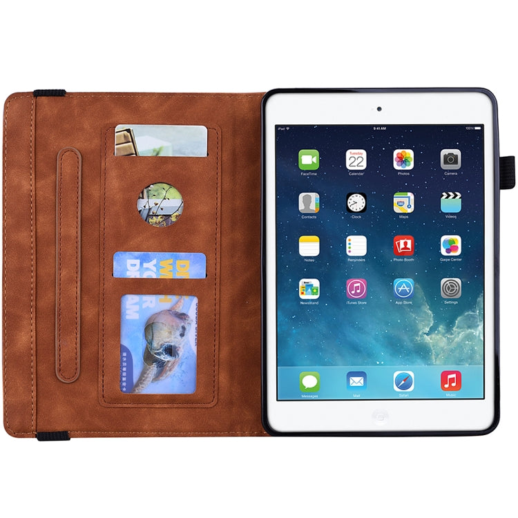 For iPad Mini 2019 & 4 & 3 & 2 Calf Pattern Double Folding Design Embossed Leather Case with Holder & Card Slots & Pen Slot & Elastic Band