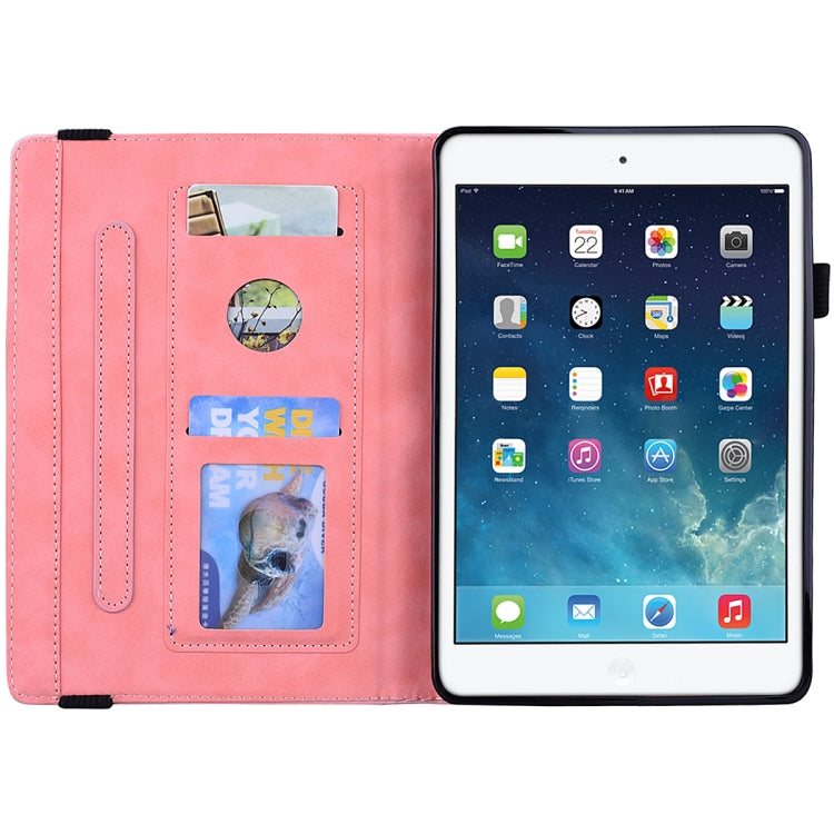 For iPad Mini 2019 & 4 & 3 & 2 Calf Pattern Double Folding Design Embossed Leather Case with Holder & Card Slots & Pen Slot & Elastic Band