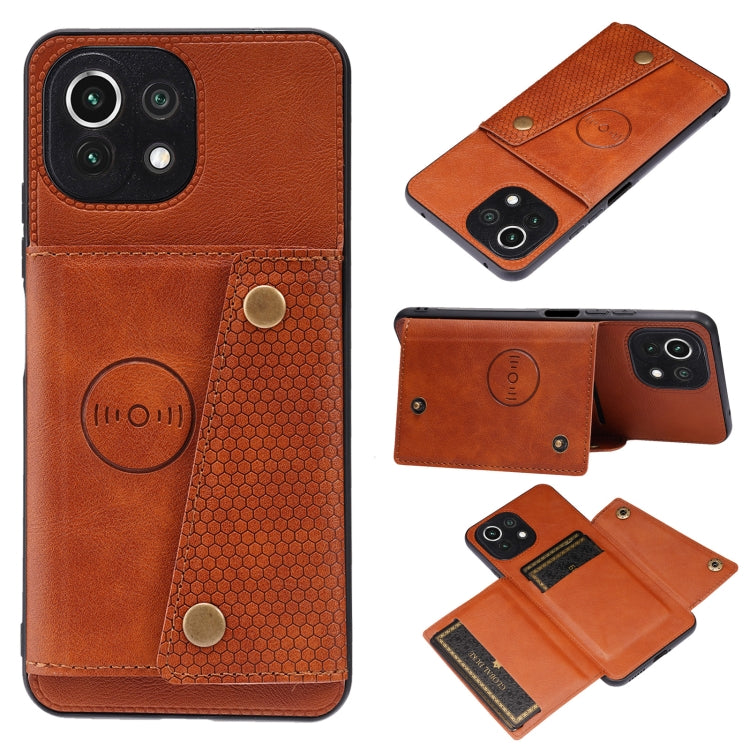 For Xiaomi Mi 11 Lite Double Buckle PU + TPU Shockproof Magnetic Protective Case with Card Slot & Holder