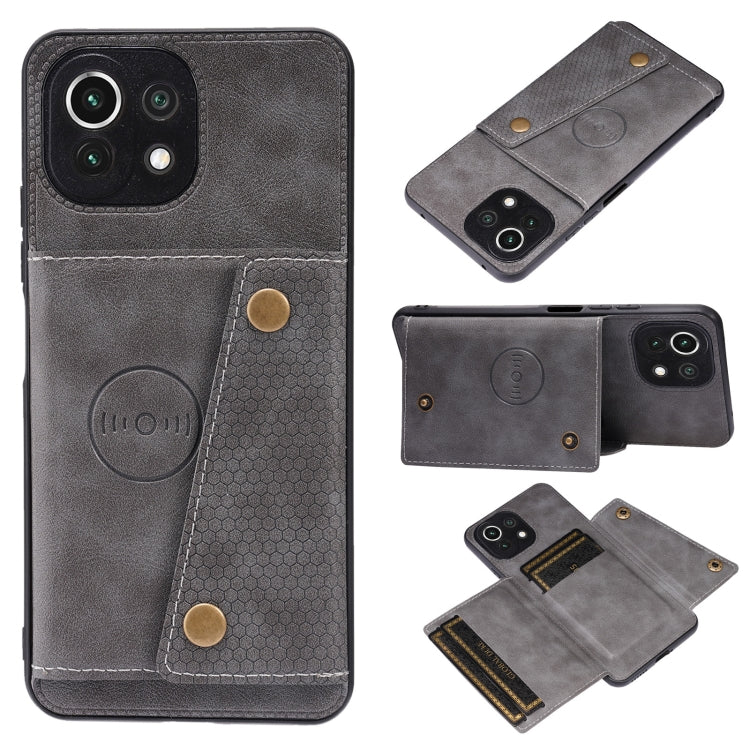 For Xiaomi Mi 11 Lite Double Buckle PU + TPU Shockproof Magnetic Protective Case with Card Slot & Holder
