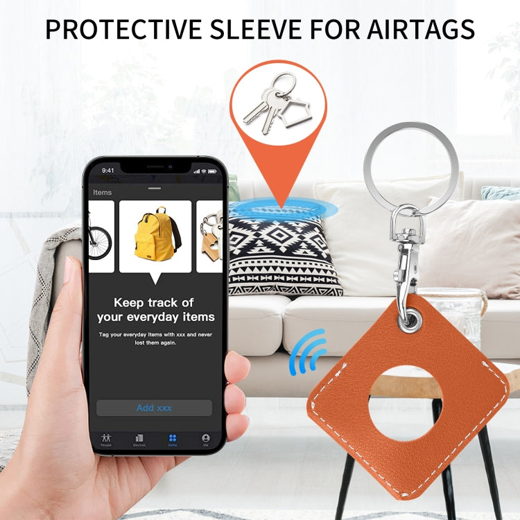 Square PU Leather Case Shockproof Anti-scratch Protective Cover with Keychain Ring Loop For AirTag