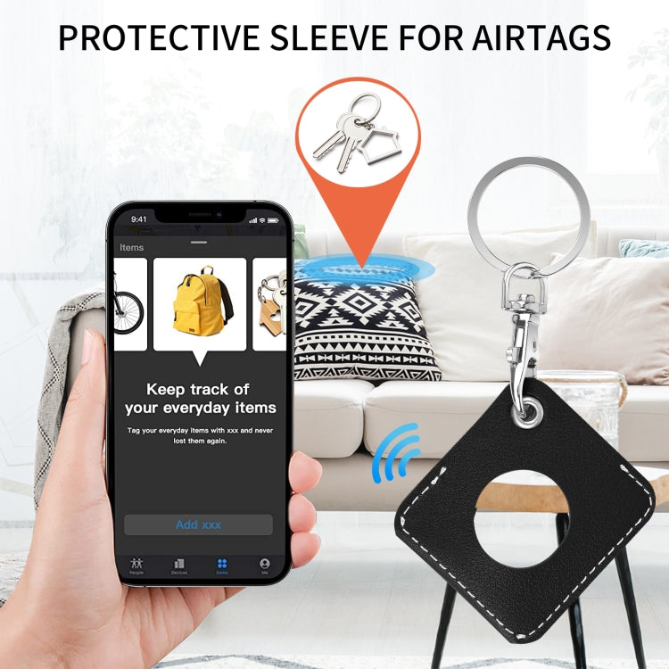 Square PU Leather Case Shockproof Anti-scratch Protective Cover with Keychain Ring Loop For AirTag