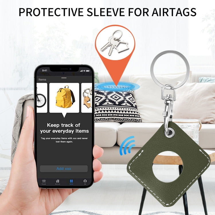 Square PU Leather Case Shockproof Anti-scratch Protective Cover with Keychain Ring Loop For AirTag