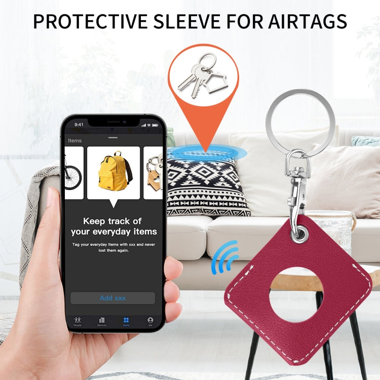 Square PU Leather Case Shockproof Anti-scratch Protective Cover with Keychain Ring Loop For AirTag