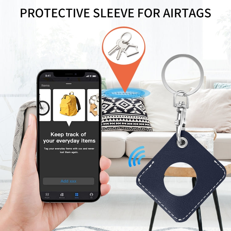 Square PU Leather Case Shockproof Anti-scratch Protective Cover with Keychain Ring Loop For AirTag