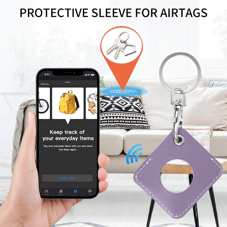 Square PU Leather Case Shockproof Anti-scratch Protective Cover with Keychain Ring Loop For AirTag