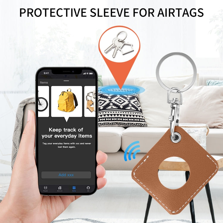 Square PU Leather Case Shockproof Anti-scratch Protective Cover with Keychain Ring Loop For AirTag