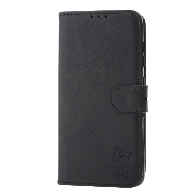 For Samsung Galaxy S21 FE Embossed Happy Cat Pattern Horizontal Flip Leather Case with Holder & Card Slots & Wallet