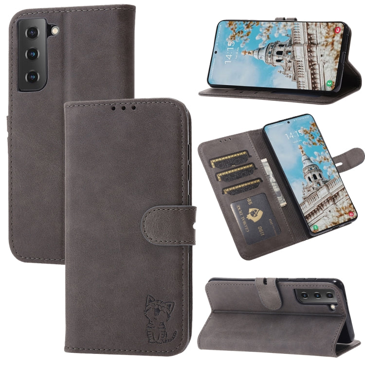 For Samsung Galaxy S21 FE Embossed Happy Cat Pattern Horizontal Flip Leather Case with Holder & Card Slots & Wallet