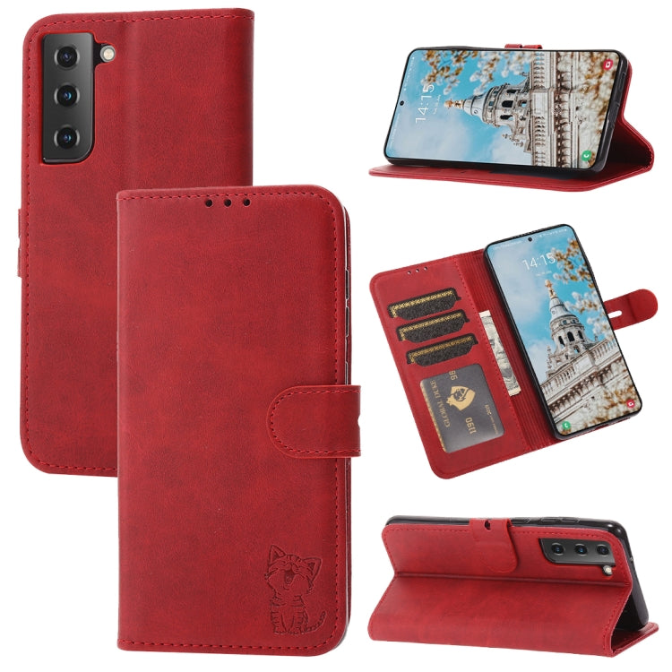 For Samsung Galaxy S21 FE Embossed Happy Cat Pattern Horizontal Flip Leather Case with Holder & Card Slots & Wallet