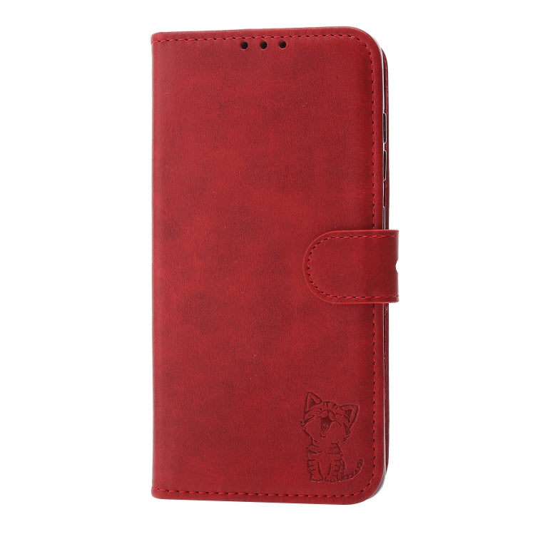 For Samsung Galaxy S21 FE Embossed Happy Cat Pattern Horizontal Flip Leather Case with Holder & Card Slots & Wallet