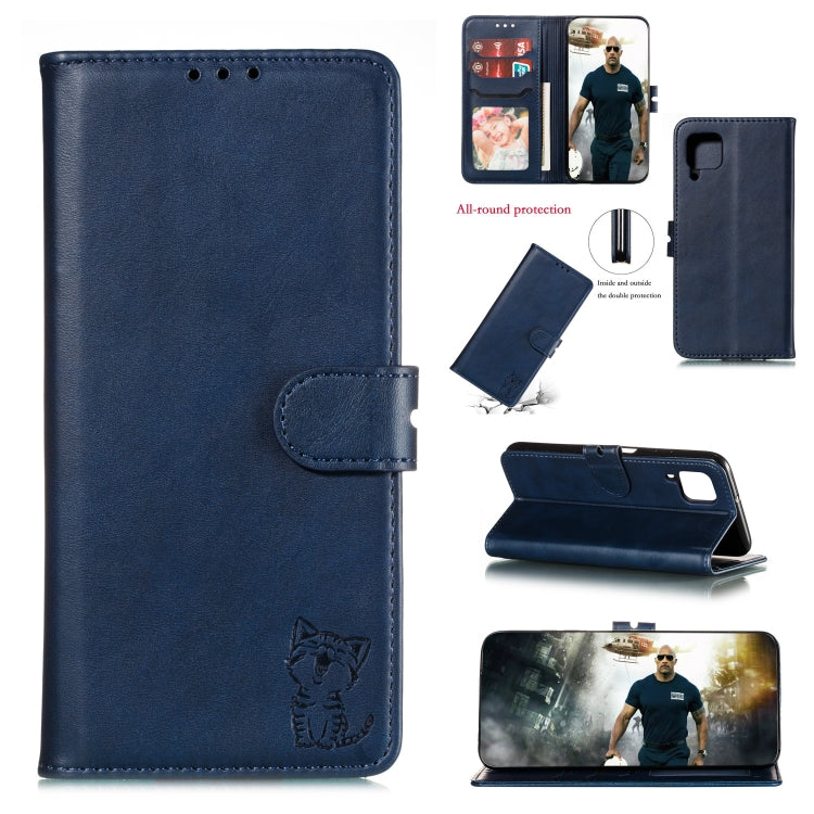 For Samsung Galaxy A12 Embossed Happy Cat Pattern Horizontal Flip Leather Case with Holder & Card Slots & Wallet