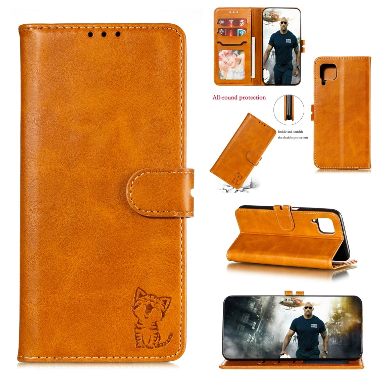 For Samsung Galaxy A12 Embossed Happy Cat Pattern Horizontal Flip Leather Case with Holder & Card Slots & Wallet