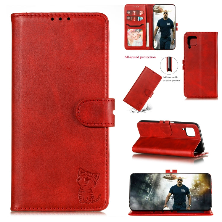 For Samsung Galaxy A12 Embossed Happy Cat Pattern Horizontal Flip Leather Case with Holder & Card Slots & Wallet