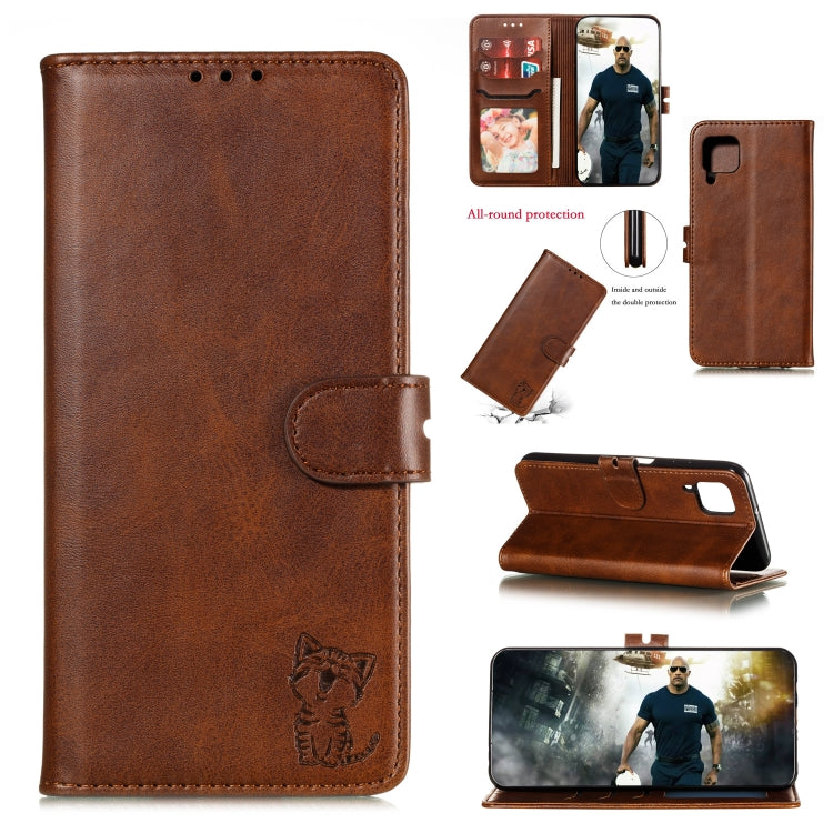 For Samsung Galaxy A12 Embossed Happy Cat Pattern Horizontal Flip Leather Case with Holder & Card Slots & Wallet