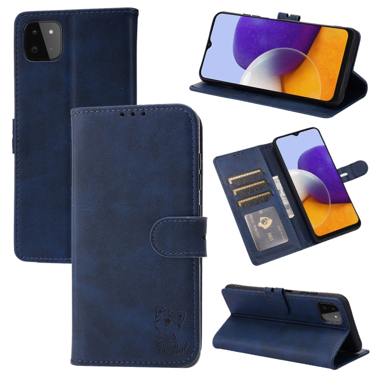 For Samsung Galaxy A22 5G EU Version Embossed Happy Cat Pattern Horizontal Flip Leather Case with Holder & Card Slots & Wallet