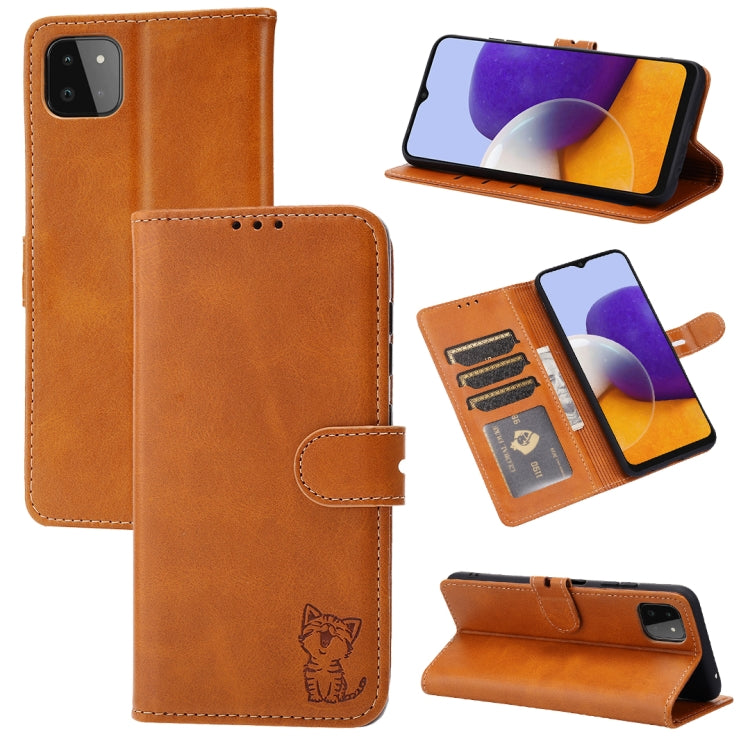 For Samsung Galaxy A22 5G EU Version Embossed Happy Cat Pattern Horizontal Flip Leather Case with Holder & Card Slots & Wallet