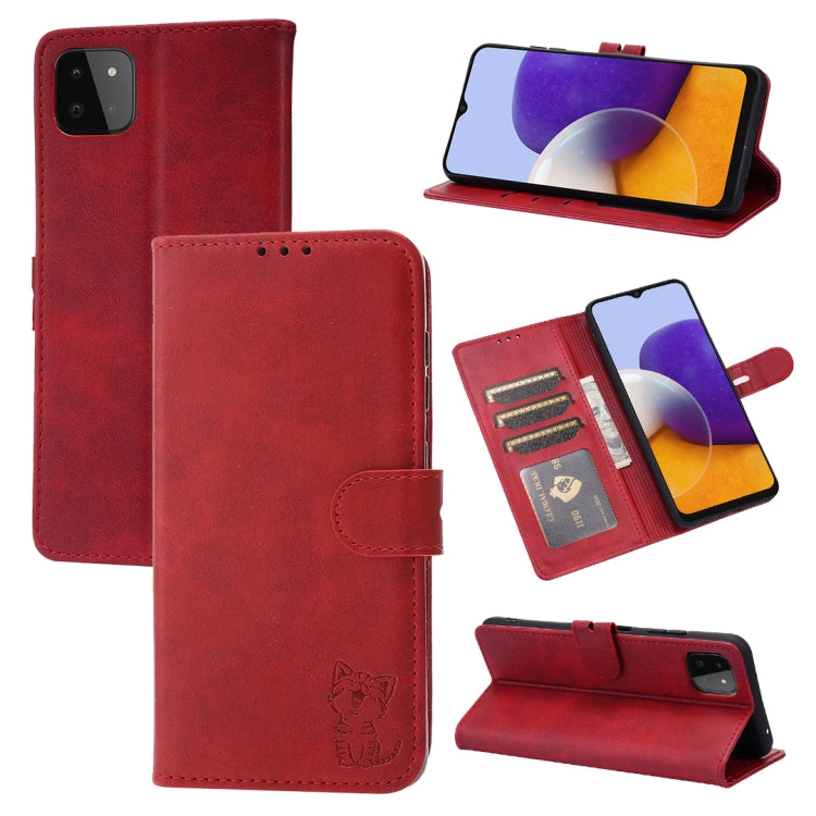 For Samsung Galaxy A22 5G EU Version Embossed Happy Cat Pattern Horizontal Flip Leather Case with Holder & Card Slots & Wallet