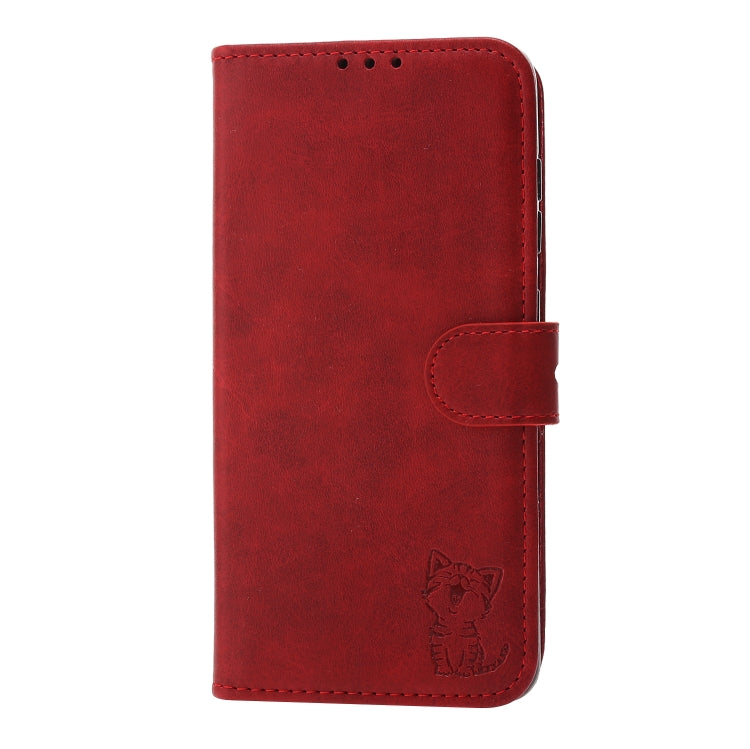 For Samsung Galaxy A22 5G EU Version Embossed Happy Cat Pattern Horizontal Flip Leather Case with Holder & Card Slots & Wallet
