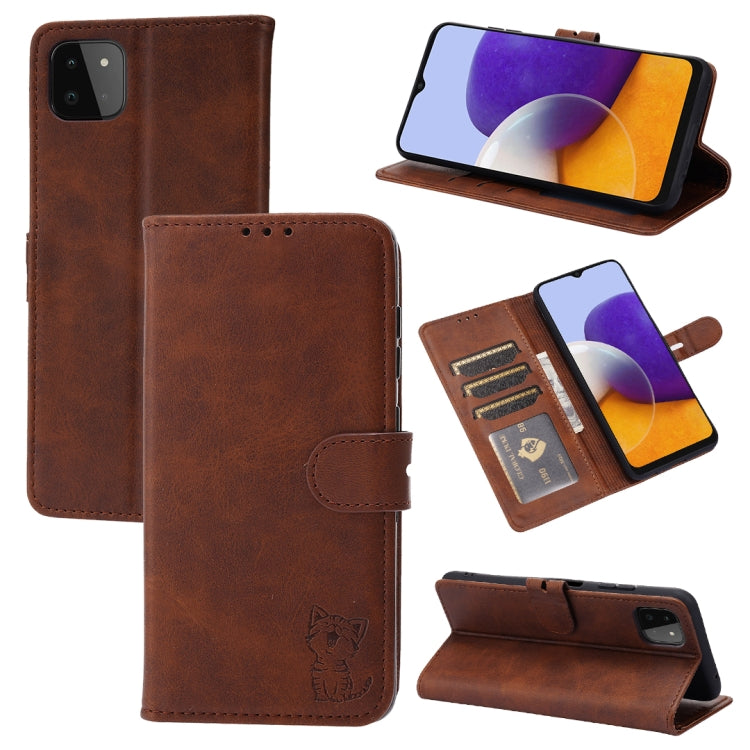 For Samsung Galaxy A22 5G EU Version Embossed Happy Cat Pattern Horizontal Flip Leather Case with Holder & Card Slots & Wallet