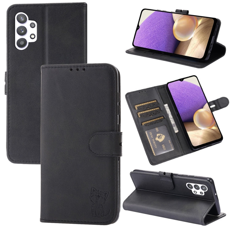 For Samsung Galaxy A32 4G Embossed Happy Cat Pattern Horizontal Flip Leather Case with Holder & Card Slots & Wallet