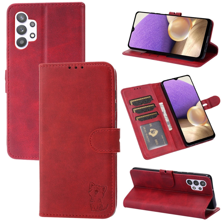For Samsung Galaxy A32 4G Embossed Happy Cat Pattern Horizontal Flip Leather Case with Holder & Card Slots & Wallet