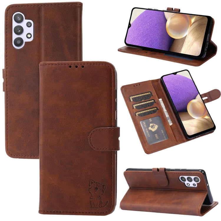 For Samsung Galaxy A32 4G Embossed Happy Cat Pattern Horizontal Flip Leather Case with Holder & Card Slots & Wallet