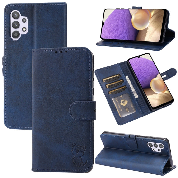 For Samsung Galaxy A32 5G Embossed Happy Cat Pattern Horizontal Flip Leather Case with Holder & Card Slots & Wallet