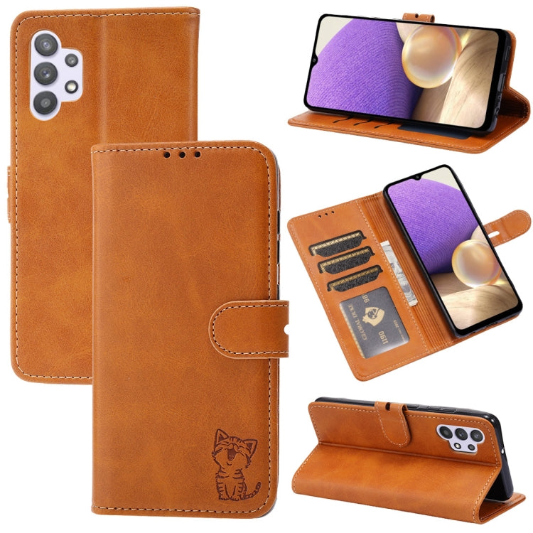 For Samsung Galaxy A32 5G Embossed Happy Cat Pattern Horizontal Flip Leather Case with Holder & Card Slots & Wallet