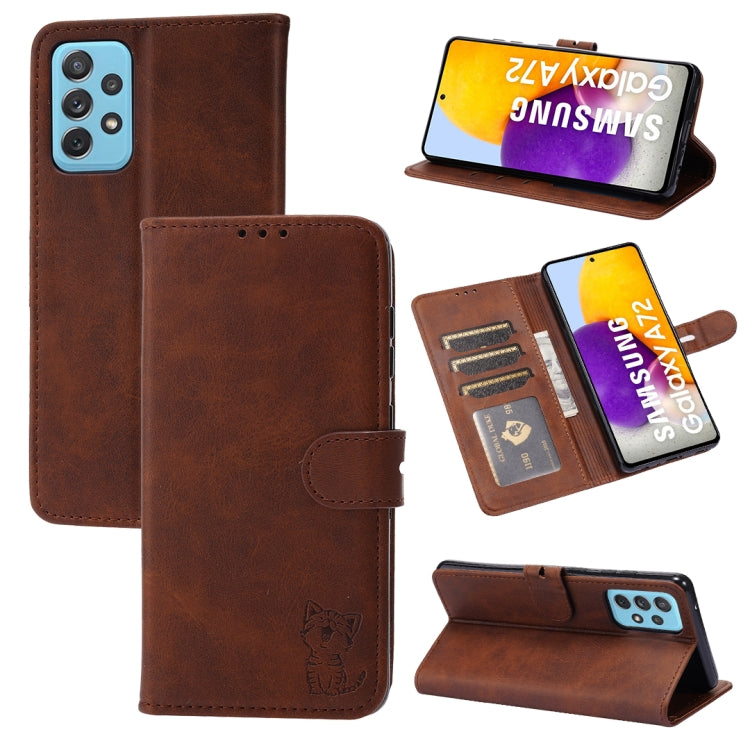 For Samsung Galaxy A52 5G / 4G Embossed Happy Cat Pattern Horizontal Flip Leather Case with Holder & Card Slots & Wallet