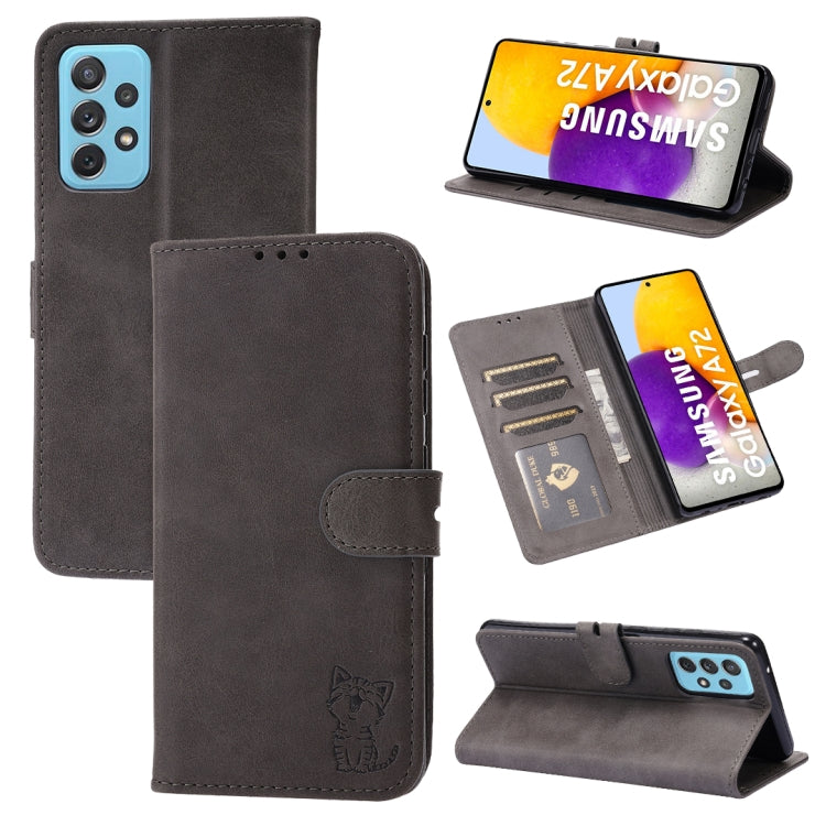 For Samsung Galaxy A72 5G / 4G Embossed Happy Cat Pattern Horizontal Flip Leather Case with Holder & Card Slots & Wallet