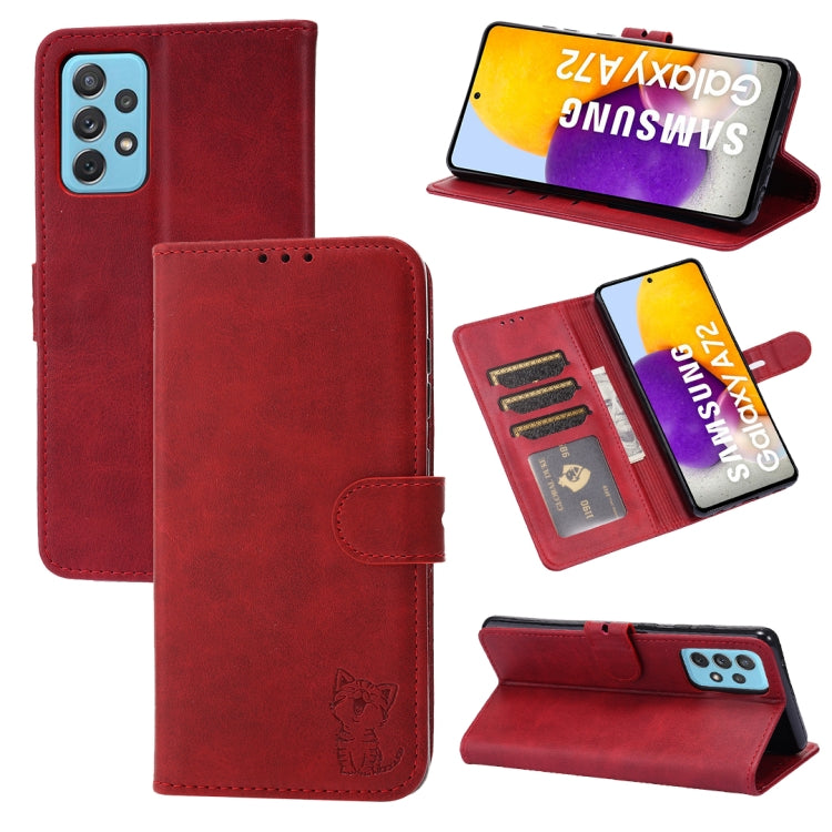 For Samsung Galaxy A72 5G / 4G Embossed Happy Cat Pattern Horizontal Flip Leather Case with Holder & Card Slots & Wallet