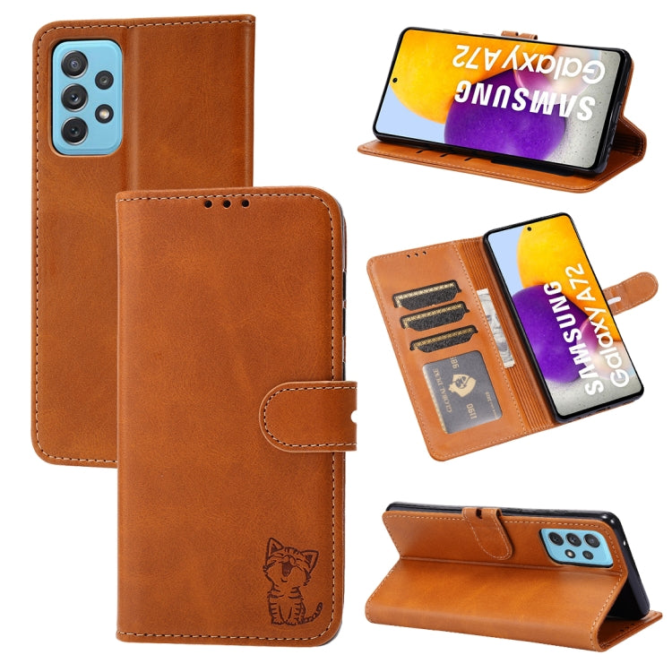 For Samsung Galaxy A82 5G Embossed Happy Cat Pattern Horizontal Flip Leather Case with Holder & Card Slots & Wallet