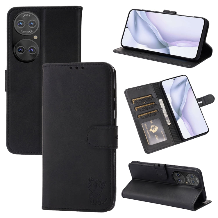 For Huawei P50 Embossed Happy Cat Pattern Horizontal Flip Leather Case with Holder & Card Slots & Wallet