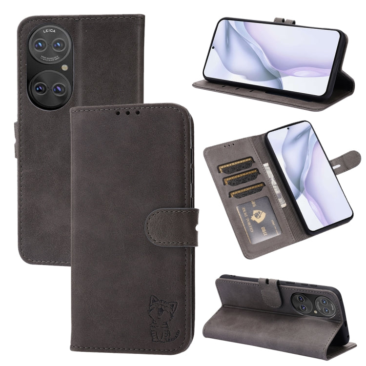 For Huawei P50 Embossed Happy Cat Pattern Horizontal Flip Leather Case with Holder & Card Slots & Wallet