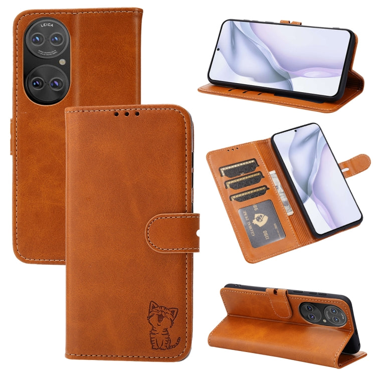 For Huawei P50 Embossed Happy Cat Pattern Horizontal Flip Leather Case with Holder & Card Slots & Wallet