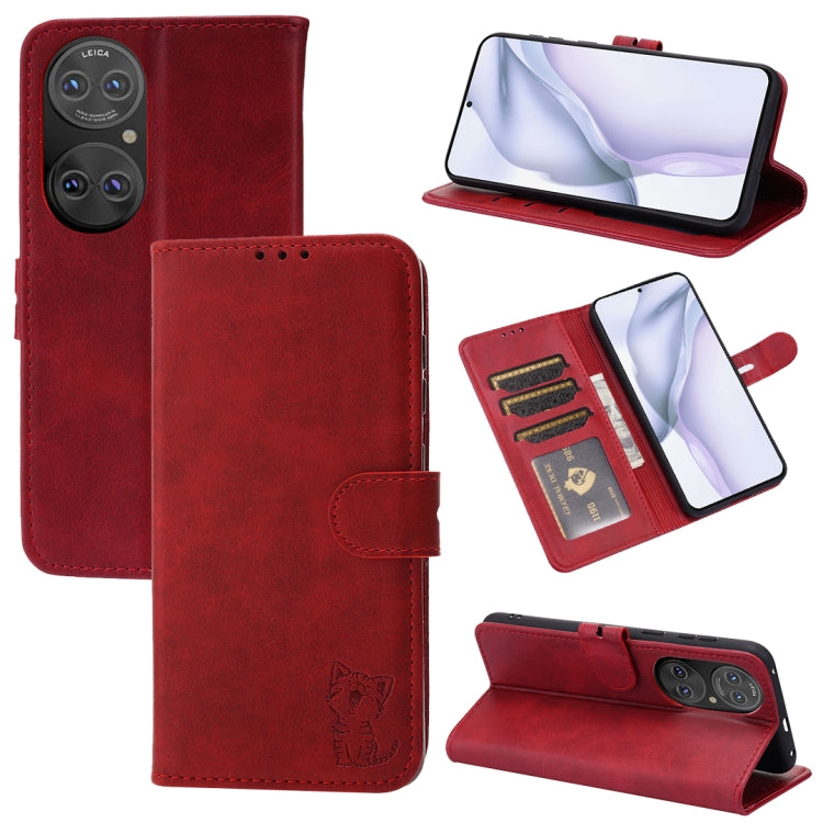 For Huawei P50 Embossed Happy Cat Pattern Horizontal Flip Leather Case with Holder & Card Slots & Wallet