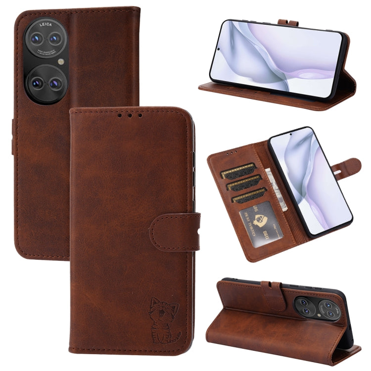 For Huawei P50 Embossed Happy Cat Pattern Horizontal Flip Leather Case with Holder & Card Slots & Wallet
