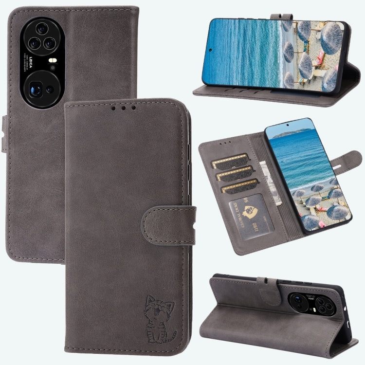 For Huawei P50 Pro Embossed Happy Cat Pattern Horizontal Flip Leather Case with Holder & Card Slots & Wallet